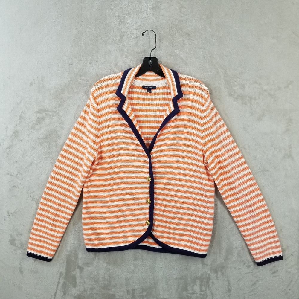 Lands End Cardigan Women L Melon White Stripe 100% Cotton Long Sleeve Nautical